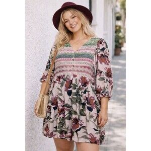 Umgee 1XL Floral Babydoll Dress Mauve Boho Peasant Flowy Tunic Western